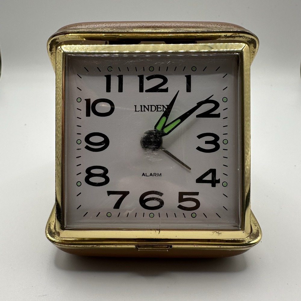 New Vintage LINDEN Travel Alarm Clock Folding Case Brown Retro - Working